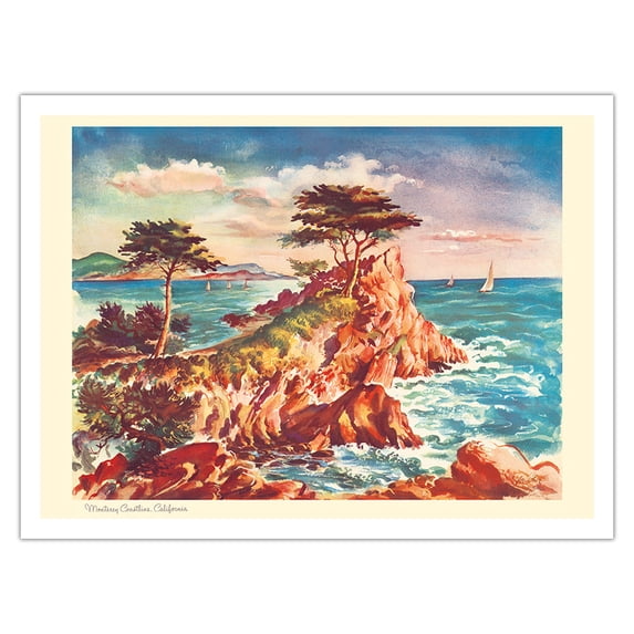 Monterey Coastline California - United Air Lines - Vintage Travel Poster by Joseph Fehér c.1948 - Bamboo Fine Art 290gsm Paper (Unframed) 12x16in