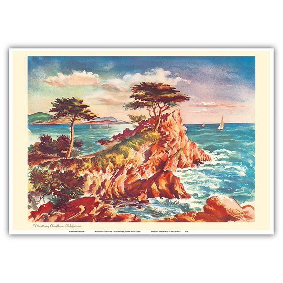 Monterey Coastline California - United Air Lines - Vintage Travel Poster by Joseph Fehér c.1948 - Master Art Print 10in x 14in