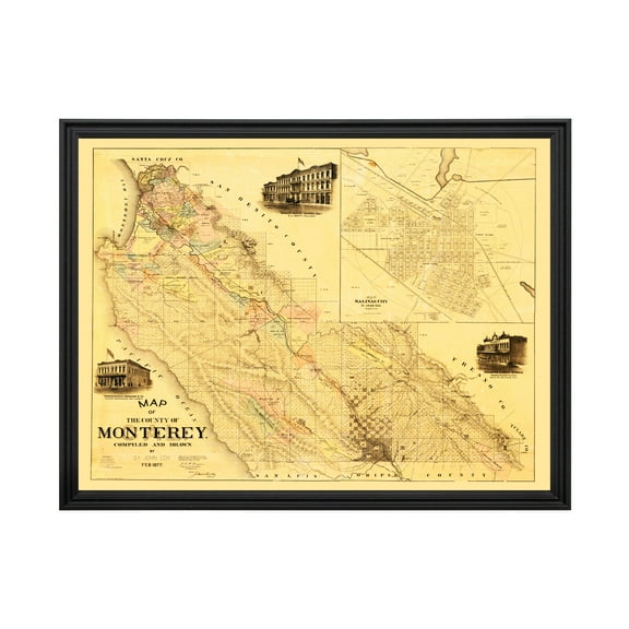 Monterey County California Art, 1877 Vintage Map of Monterey County CA History Wall Decor Gift, Old Monterey County CA Map - 24" x 18" Black Framed Print