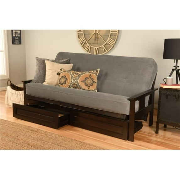 Monterey Espresso Futon Frame with Marmont Thunder Mattress & Storage Drawers - Full Size