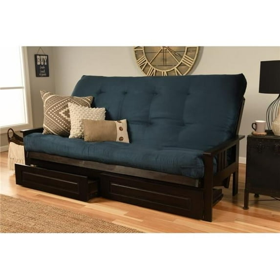 Monterey Espresso Futon Frame with Suede Navy Mattress & Storage Drawers - Queen Size