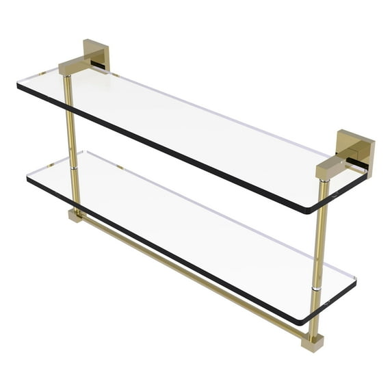 Montero Collection Two Tiered Glass Shelf with Integrated Towel Bar - Unlacquered Brass / 22 Inch