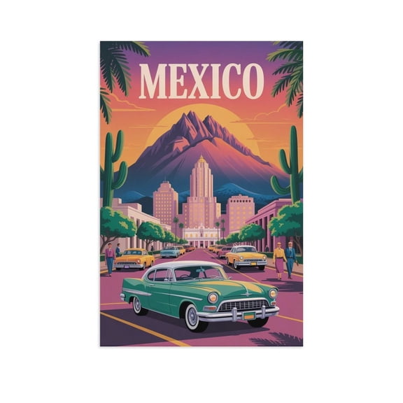 Monterrey Retro City Travel Poster with Sunset Mountains And Palm-lined Streets Print Poster