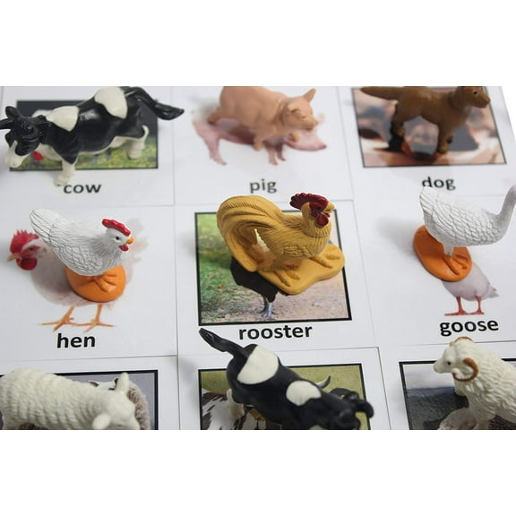 Montessori Animal Match - Miniature Farm Animal Toy Figurines with Matching Cards - 2 Part Cards. Montessori learning toy, language materials Busy Bag Activity