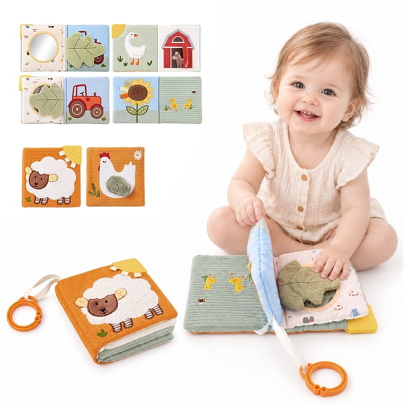 Montessori Soft Baby Book - Sensory Book for Babies 0-18 Months with Crinkle Paper, Touch & Feel Textures, Baby Safe Mirror & Teether, Tummy Time Newborn Infant Toy
