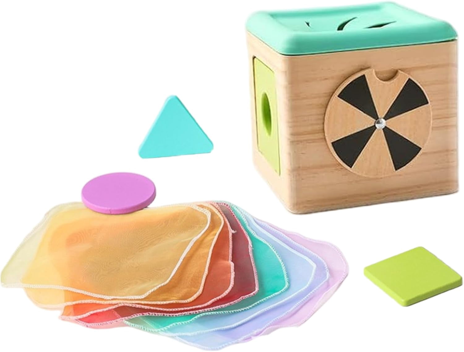 Montessori Baby Toy, Wooden Pulling Tissue Box with Silk Scarves & Blocks - Sensory Learning Toys for Infants & Toddlers(XX)
