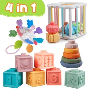 Montessori Baby Toys for 6-18 Months Pull String Teether Stacking Blocks Sensory Shapes Colorful Storage Bin 4 in 1 Toddlers Toy
