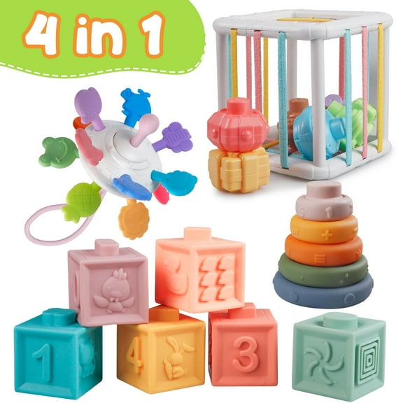 Montessori Baby Toys for 6-18 Months Pull String Teether Stacking Blocks Sensory Shapes Colorful Storage Bin 4 in 1 Toddlers Toy