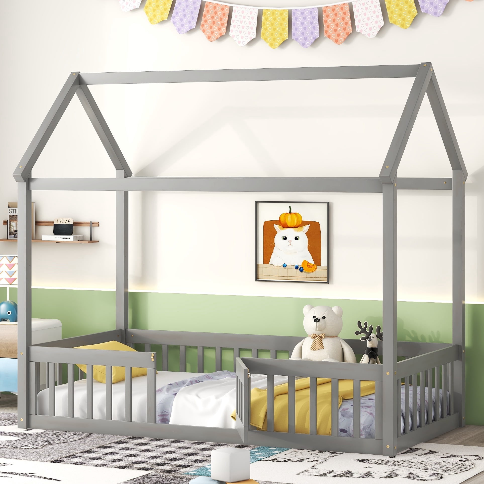 Twin Size Montessori Bed, Twin House Beds with Fence and Door, Floor Bed Twin with Rails (Gray)