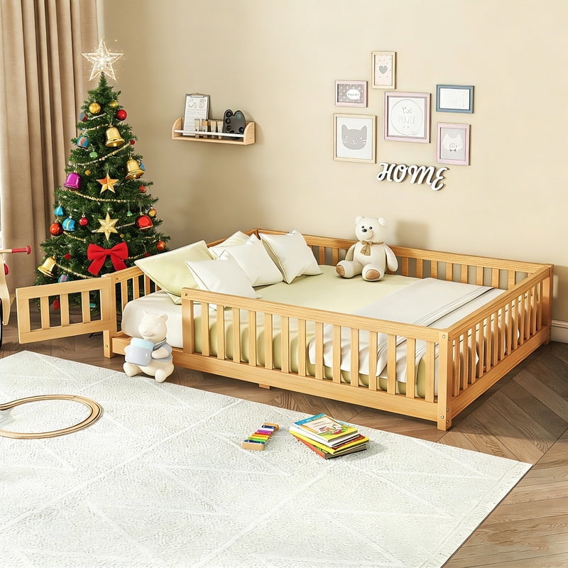 Montessori Bed with Rails, Full Size Floor Bed with Door & Slats Support, Wood Playhouse Bed with Fence, No Box Spring Needed,Natural