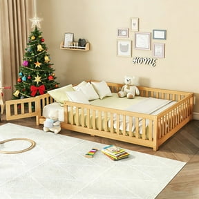 Montessori Bed with Rails, Full Size Floor Bed with Door & Slats Support, Wood Playhouse Bed with Fence, No Box Spring Needed,Natural