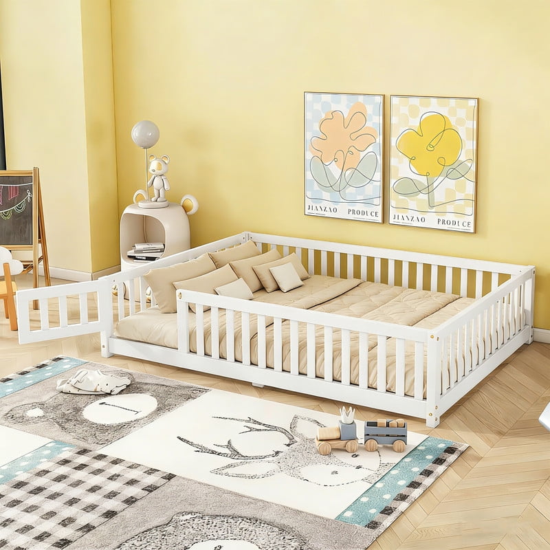 Montessori Bed with Rails, Full Size Floor Bed with Door & Slats Support, Wood Playhouse Bed with Fence, No Box Spring Needed,White