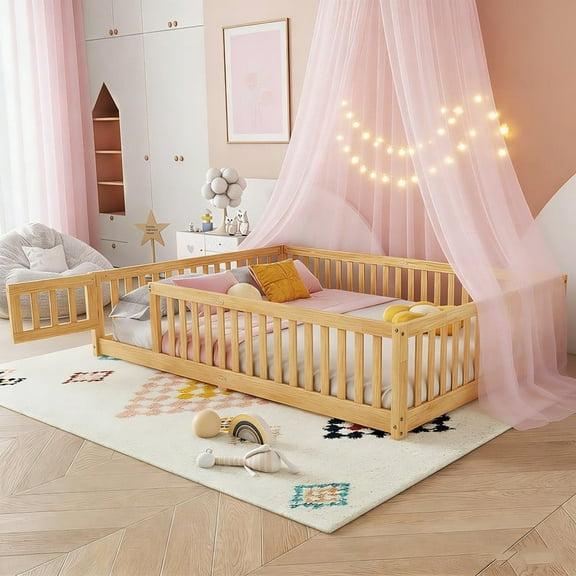 Montessori Bed with Rails, Queen Size Floor Bed with Door & Slats Support, Wood Playhouse Bed with Fence, No Box Spring Needed,Natural