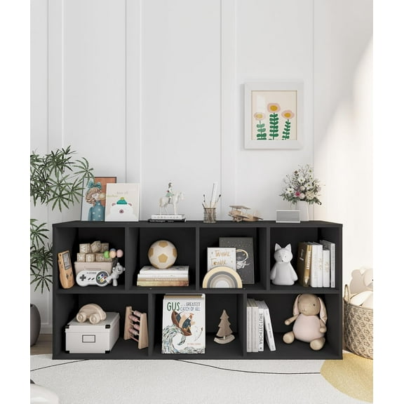 Montessori Book Shelf with Toy Storage, Kids Toy Organizer Wooden Storage Shelves for Kids Room Classroom Playroom, Black