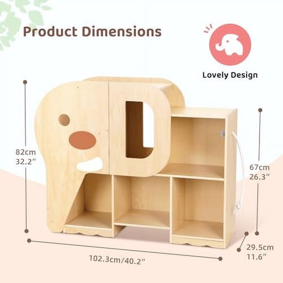Montessori Bookshelf with Elephant Shape, 2-Shelf Toddler Bookshelf, Montessori Shelf and Toy Storage Organizer for Classroom, Kindergarten, Kids Room, Playroom and Daycare.