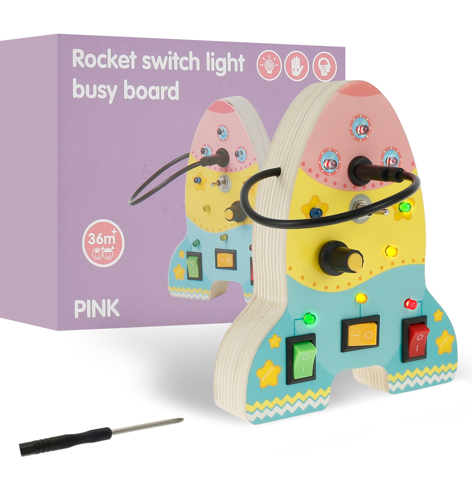 Montessori Busy Board LED Light Switch Busy Board Wooden Rocket Sensory Toys Portable Travel