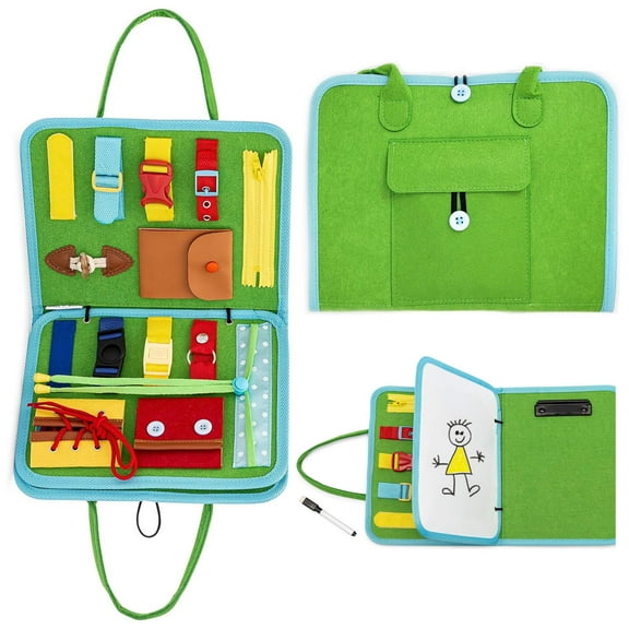 Montessori Busy Board with Doodle Board for Toddlers  8-in-1 Foldable Felt Activity Briefcase, Self-Dressing & Color Learning Toy (Ages 14)