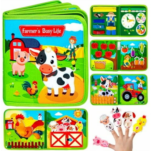 Montessori Busy Book for Toddlers 1-3 - Farm Animal Sensory Busy Board for 1 Year Old Boys and Girls,Educational Travel Toy for Airplane Car Activities,Birthday Christmas Toddler Gifts