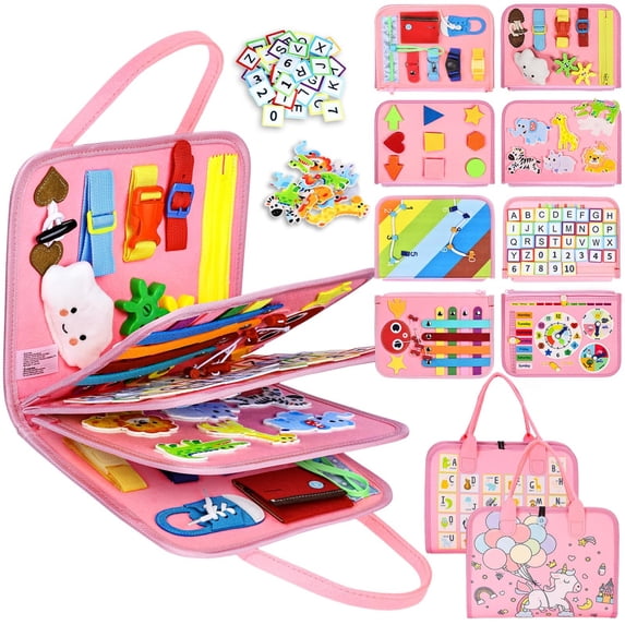 Montessori Busy Book for Toddlers, Interactive Preschool Activity Quiet Book, Educational Sensory Learning Toy for Boys & Girls Travel Toy, Pink