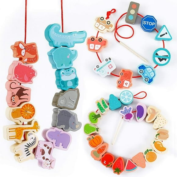 Montessori Educational Threading Toys Wooden Stringing Traffic Wild Animals Fruits Lacing Beads Preschool Toy for Toddler 18 Month 1 2 3 4 5 Year Old Boys Girls