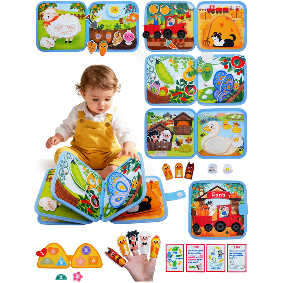Montessori Farm Quiet Book – Toddler Felt Busy Board, Screen-Free Travel Toys for 1-3 Year Old