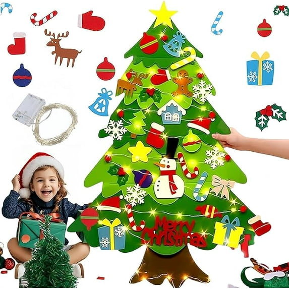 Montessori Felt Christmas Tree for Kids 3D, Felt Christmas Tree for Toddlers, Oversized FeltChristmasTree Wall with Lights(33*pasting,with light)