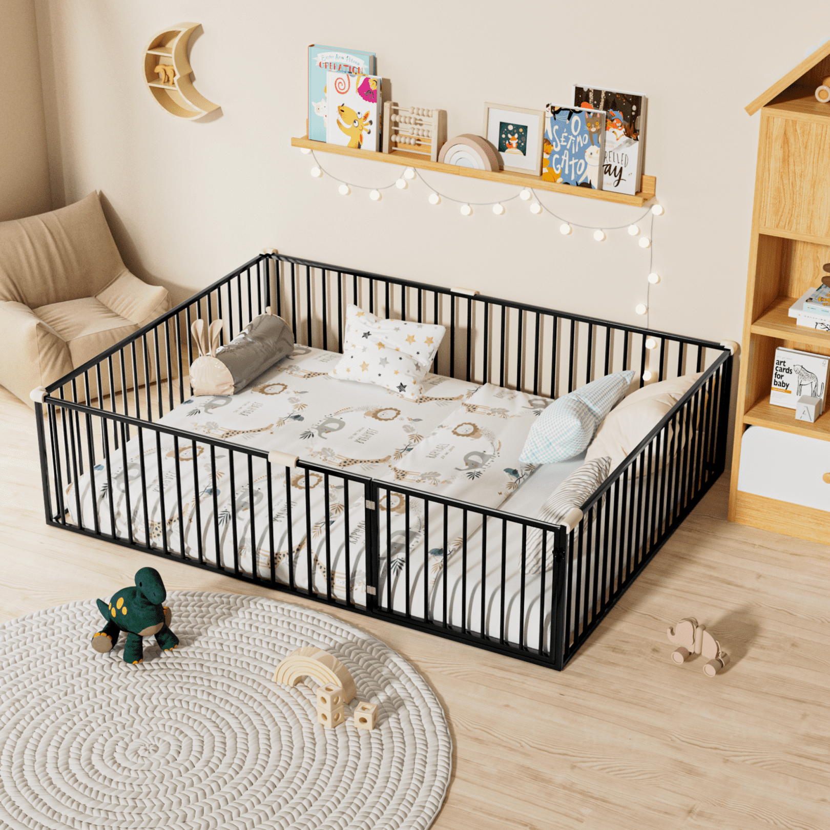 Montessori Floor Bed with 20.6" High Safety Fence & Anti-Collision Cotton Edges, Durable Metal Frame with Slats for Toddlers, Child-Safe Sleeping & Play Space, Available in Black & Custom Sizes