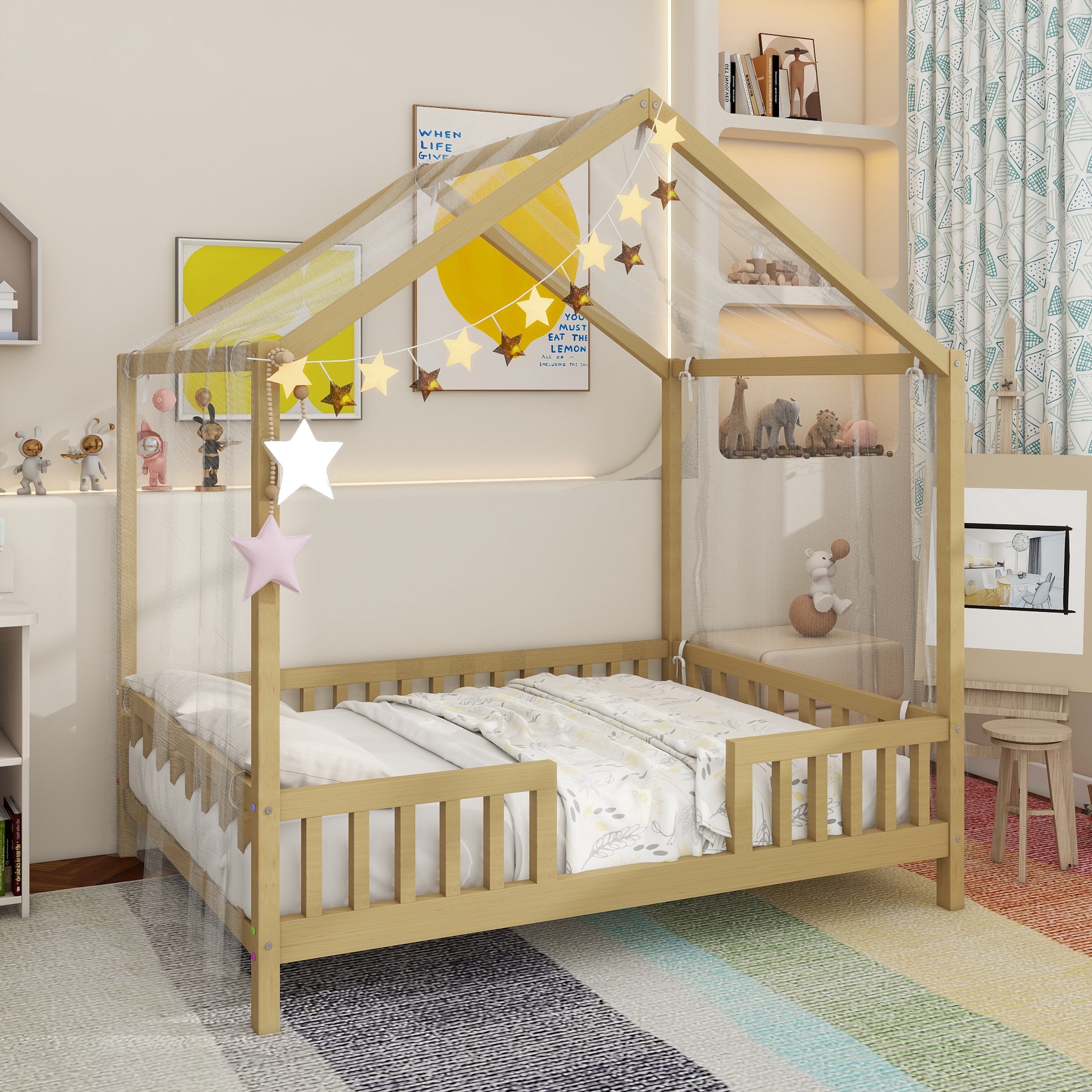 Montessori Floor Bed with Canopy, Full Bed Frame for Kids, House Shape Toddler Bed Frame with High Railings, Wood Kids Bed with Roof, Kid Full Bed, Natural