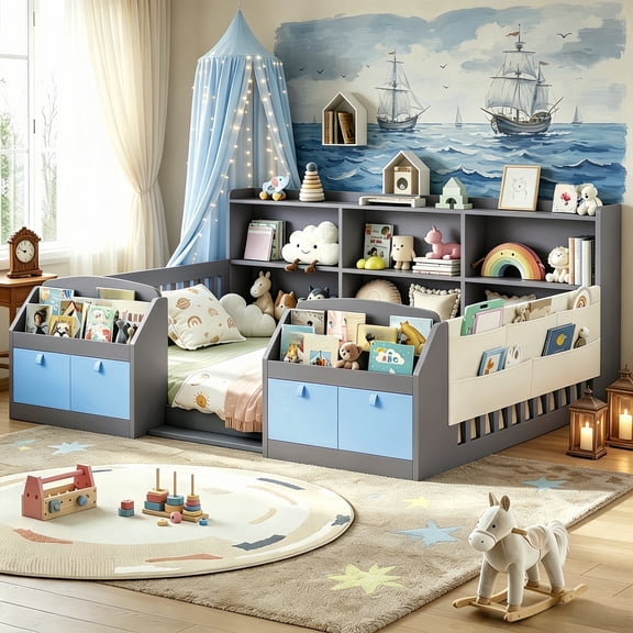 Montessori Floor Bed Full Size with High Rails and Storage Bookcase& 2-Tier Side Shelf, Side Pockets, LED Illuminated Safe Low Profile, Safe & Wider Opening Gate Design Gray