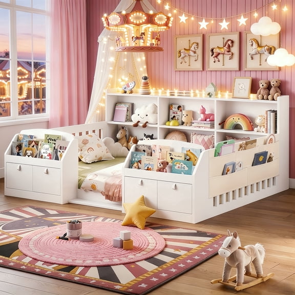 Montessori Floor Bed Full Size with High Rails and Storage Bookcase& 2-Tier Side Shelf, Side Pockets, LED Illuminated Safe Low Profile, Safe & Wider Opening Gate Design White