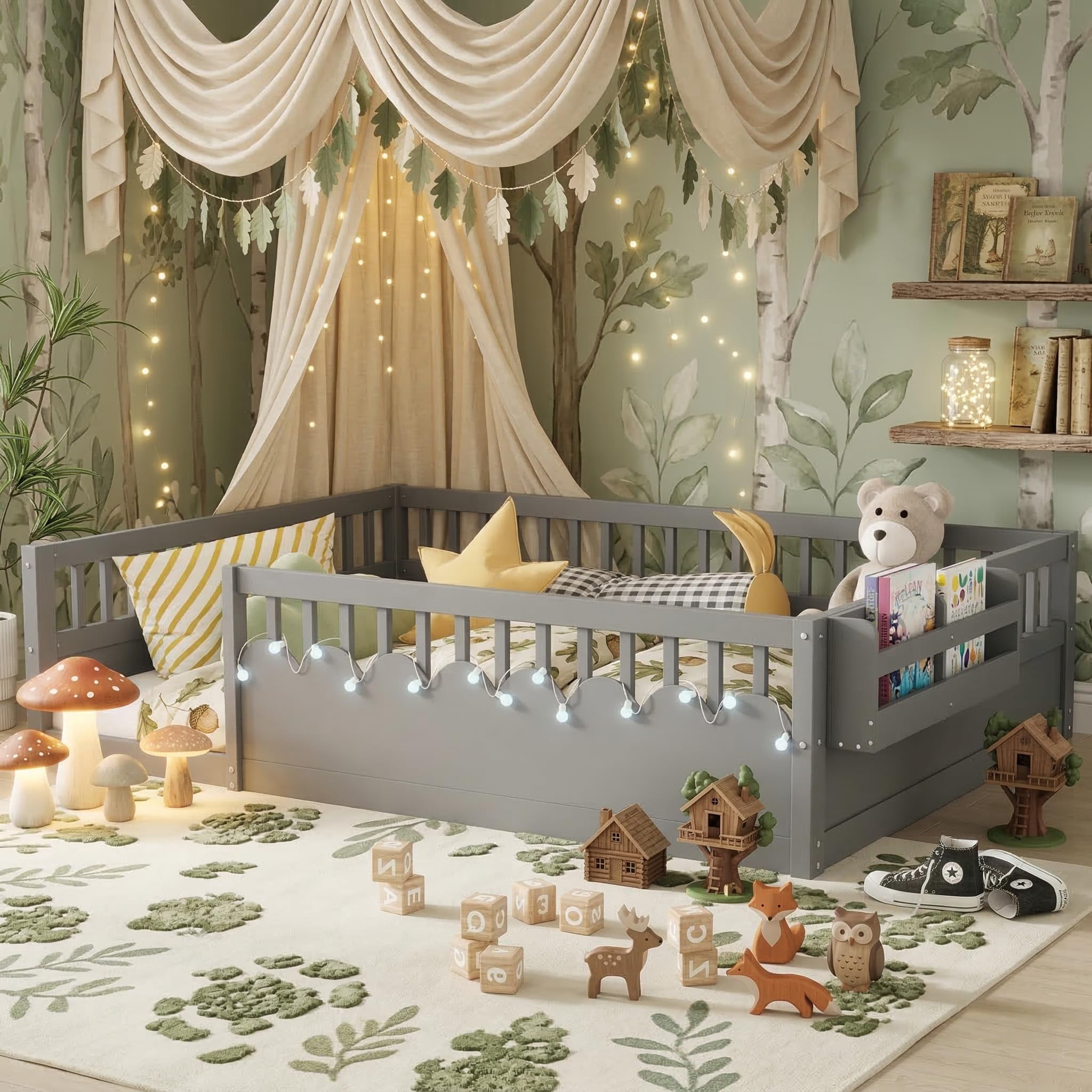 Montessori  High Rails and LED Lights Floor Bed, Full Size