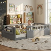 Mirightone Twin Montessori Floor Bed for Toddlers with High Rails and Storage Shelf, Wooden Floor Bed Frame with LED Lights for Boys Girls, Grey