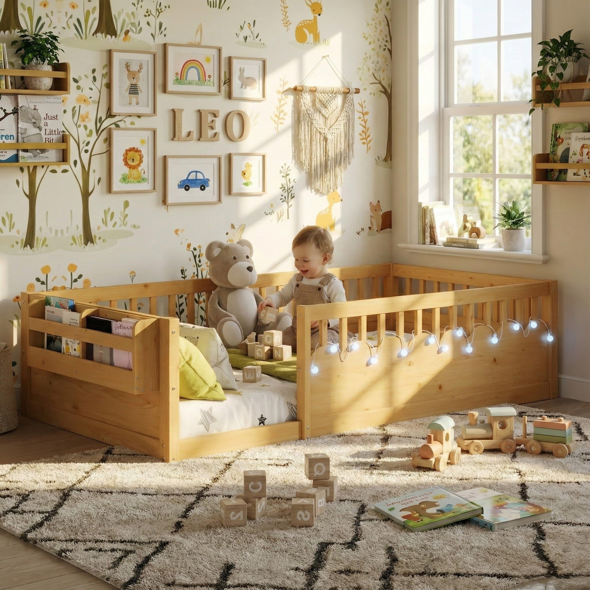 Montessori Floor Bed with High Rails, LED Lights & Storage Shelf, Safe & Wider Opening Gate Design, Twin Size Floor Bed for Boys & Girls, Natural