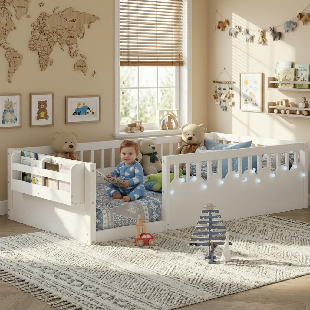 Mirightone Twin Montessori Floor Bed with Rails and Storage Shelf, Wood Floor Beds Frame with Light for Boys Girls, White