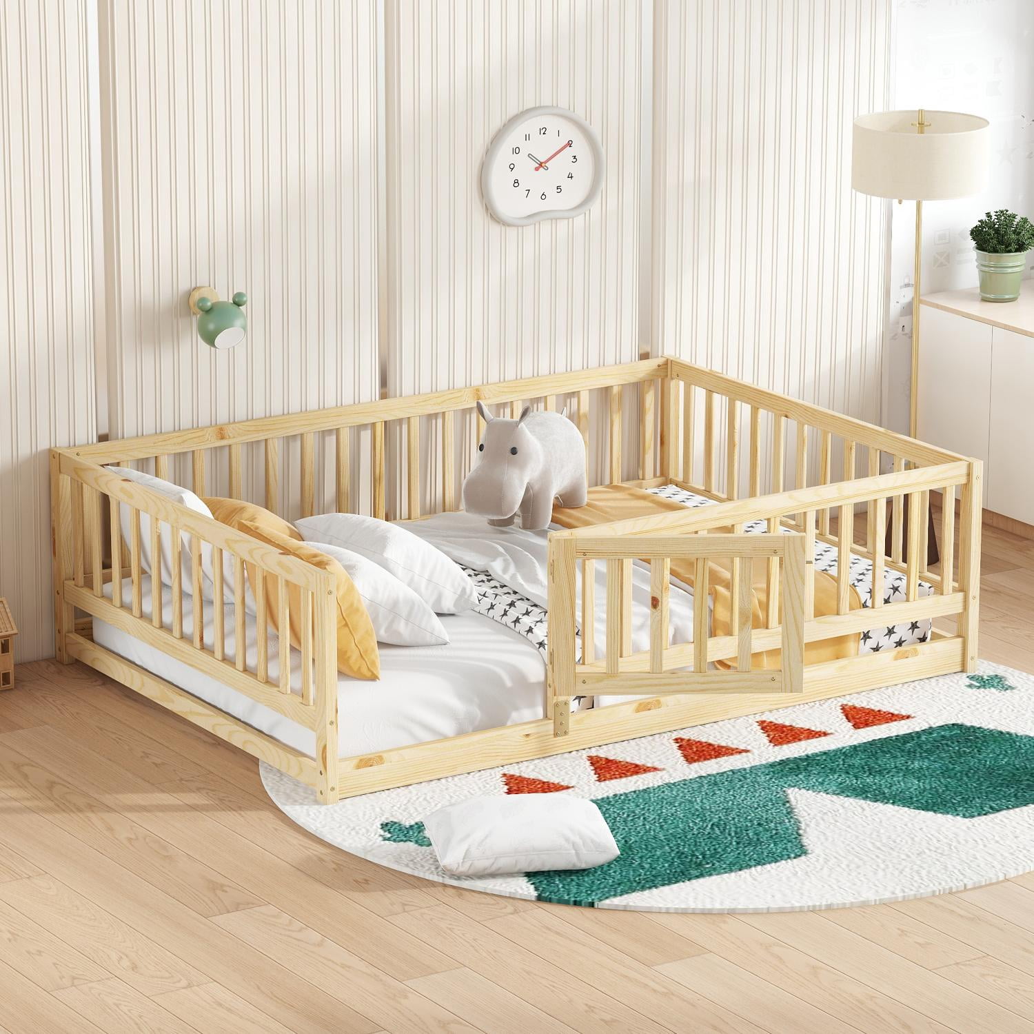 Montessori Floor Bed, Kids Bed Frame, Low Profile Toddler Bed with Removable Slats and Safety Door, Wood Bed Frame for Kids Boys Girls, Full Oak