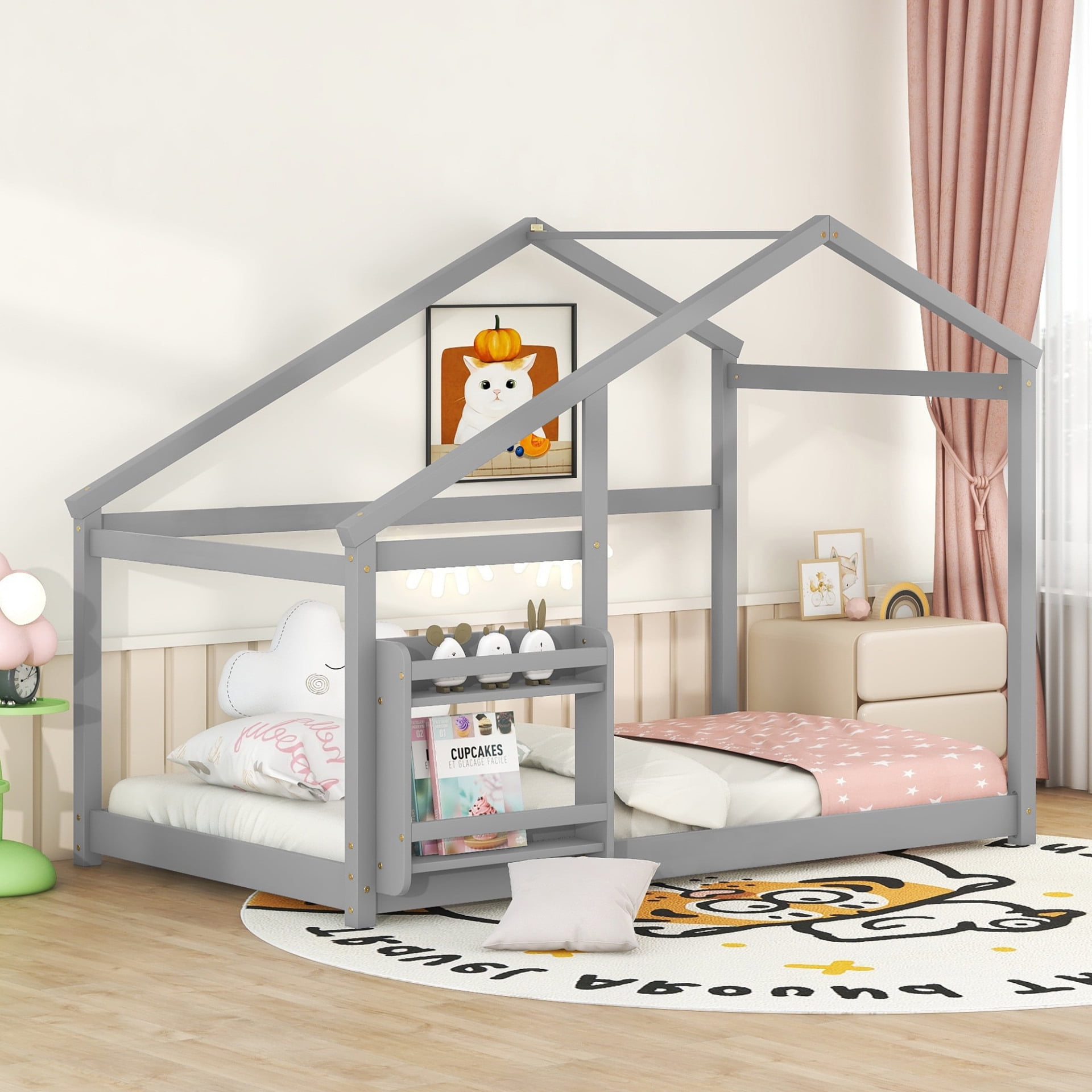 Montessori Floor Bed, Twin Floor Bed with Storage Shelves and Roof ...