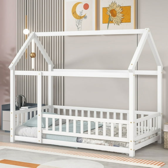 Montessori Floor Bed, Wood Twin House Bed with Roof and Fence-Shaped Rails, Twin Size Floor Bed for Girls & Boys, White