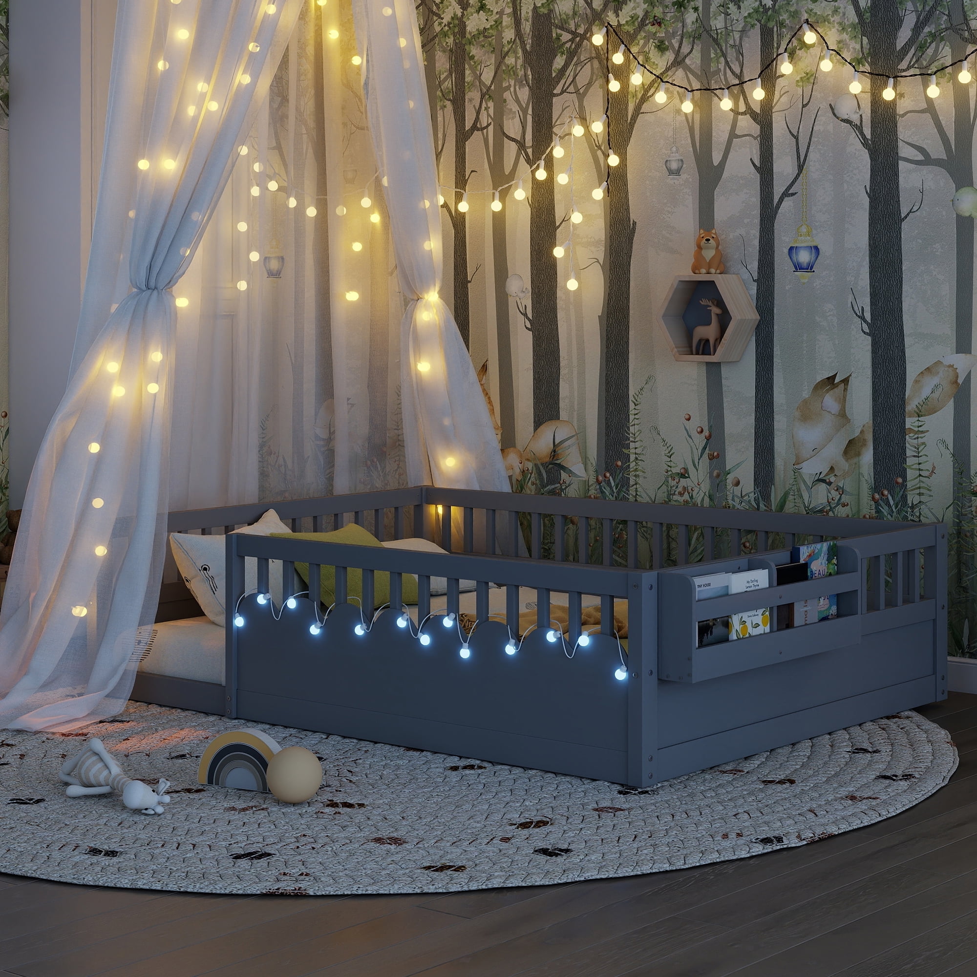 Montessori Floor Bed with High Rails, LED Lights & Storage Shelf, Safe & Wider Opening Gate Design, Full Size Floor Bed for Boys & Girls, Gray