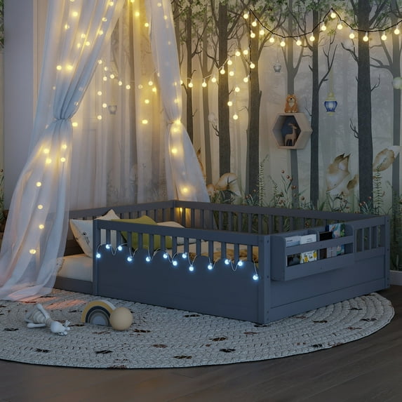 Montessori Floor Bed with High Rails, LED Lights & Storage Shelf, Safe & Wider Opening Gate Design, Full Size Floor Bed for Boys & Girls, Gray