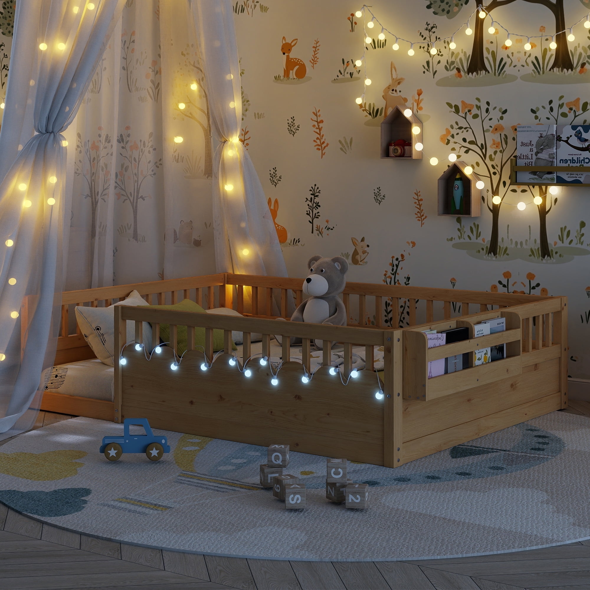 Montessori Floor Bed with High Rails, LED Lights & Storage Shelf, Safe & Wider Opening Gate Design, Full Size Floor Bed for Boys & Girls, Natural