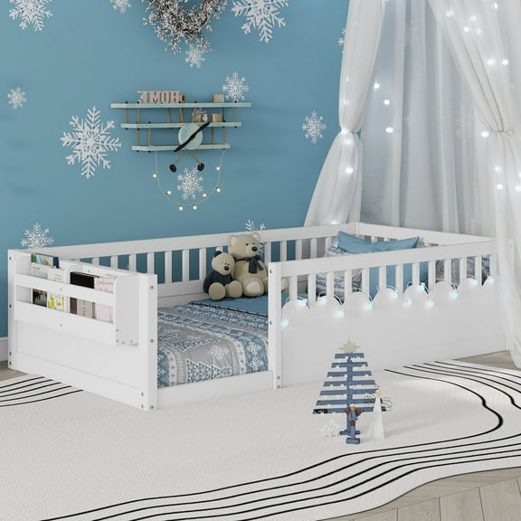 Montessori Floor Bed with High Rails, LED Lights & Storage Shelf, Safe & Wider Opening Gate Design, Twin Size Floor Bed for Boys & Girls, White