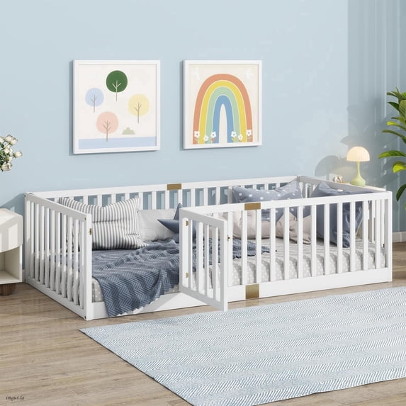 Montessori Floor Bed with High Rails, Solid Wood Montessori Bed Frame for Kids,