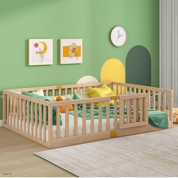 Montessori Floor Bed with High Rails, Solid Wood Montessori Bed Frame for Kids,