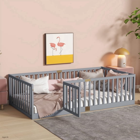 Montessori Floor Bed with High Rails, Solid Wood Montessori Bed Frame for Kids,