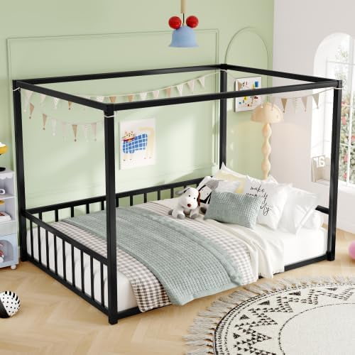 Montessori Floor Canopy Bed, Frame Design with Safety Rails for Kids ...