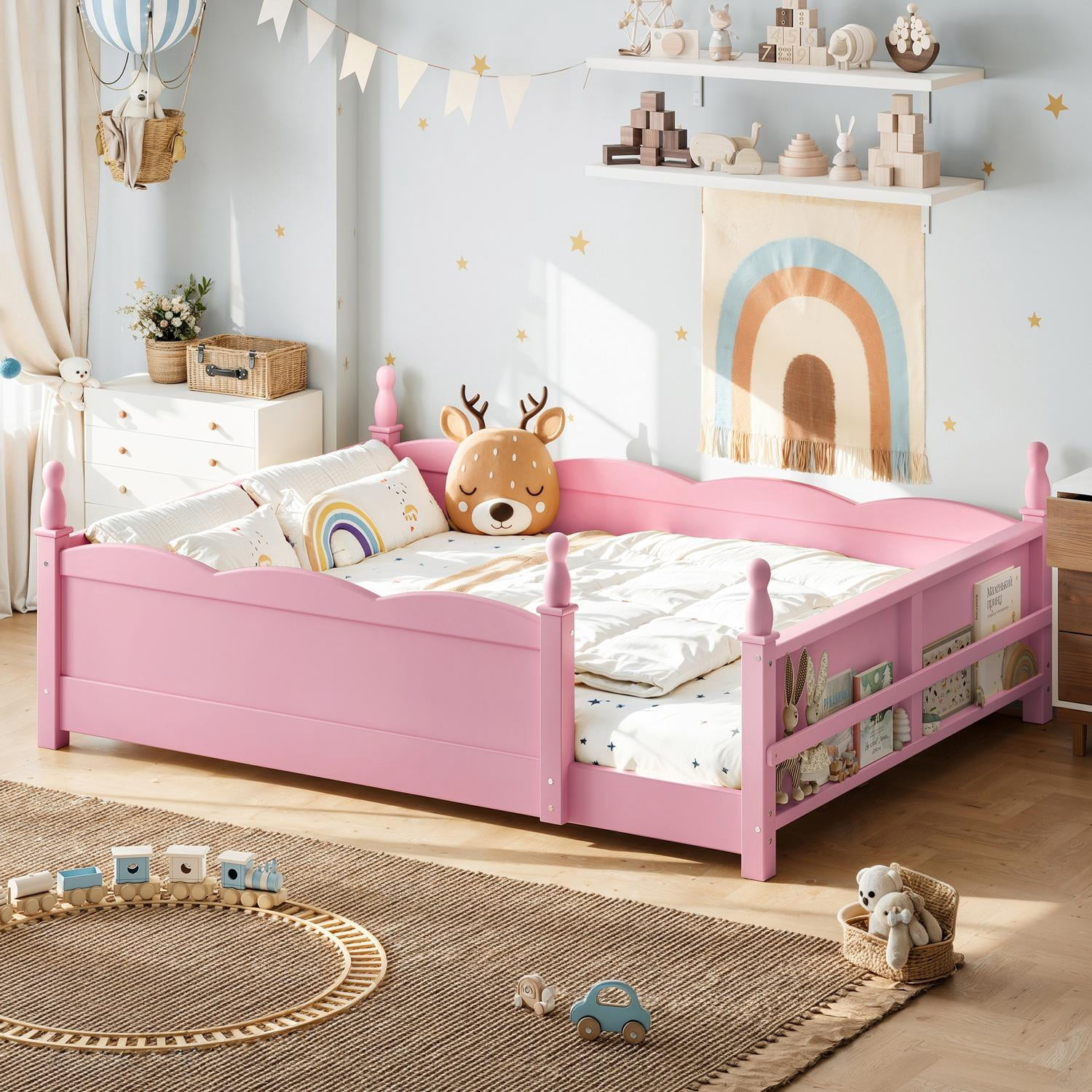 Montessori Full Floor Bed with Full-Length Guardrails and Bookshelf, Low Profile Kids Bed with Childlike Design, Pink