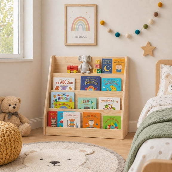 Montessori Kids Display Bookshelf  Solid Pine, 4-Tier Forward-Facing Design  27.5" H  31.5" W  Nursery, Playroom, Toddler Room Storage  Unfinished Natural Wood