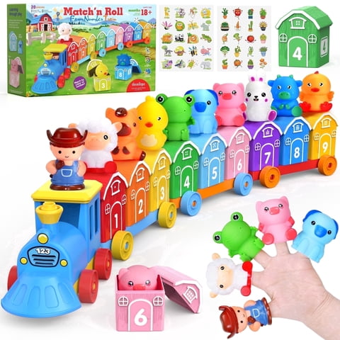 QIAHO Montessori Toys for Toddlers, 20 Pcs Counting, Matching, Sorting Preschool Learning Toy Train Set with Train, Barns and Finger Puppets Birthday Gift for Baby Boys Girls