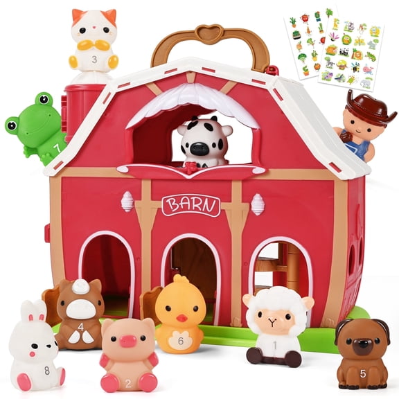 QIAHO Farm Animal Barn Playset with Finger Puppets & DIY Stickers, Educational Pretend Play Toy, Birthday Easter Gift for Toddlers Boys Girls