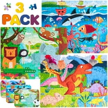 Montessori Mama Jigsaw Puzzles for Kids Ages 4-8 - 3-Pack, 120 Piece Wooden Kids Puzzles - Dinosaur, Ocean and Safari Theme